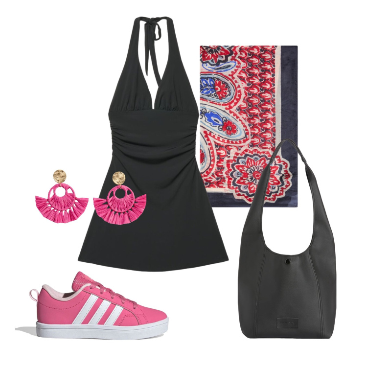 Outfit donna - Giugno. Stile Trendy per Tutti i giorni. Abbinamento con orecchini, vestiti corti, borse a spalla, foulard, sneakers.