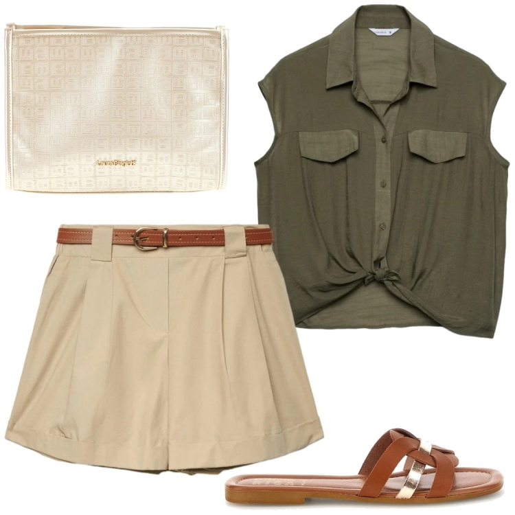 Outfit donna - Pomeriggi estivi. Stile Casual chic per Tutti i giorni. Abbinamento con camicie a manica corta, shorts, ciabatte, pochette.