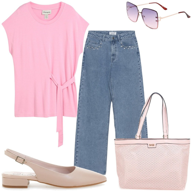 Outfit donna - Lavoro ma dopo colazione tra amiche. Stile Chic per Ufficio. Abbinamento con bluse, occhiali da sole, jeans, ballerine, borse a spalla.
