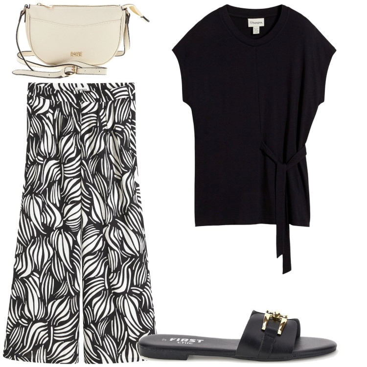 Outfit donna - Total look #2412308. Stile Chic per Tutti i giorni. Abbinamento con bluse, pantaloni a palazzo, ciabatte, borse a tracolla.