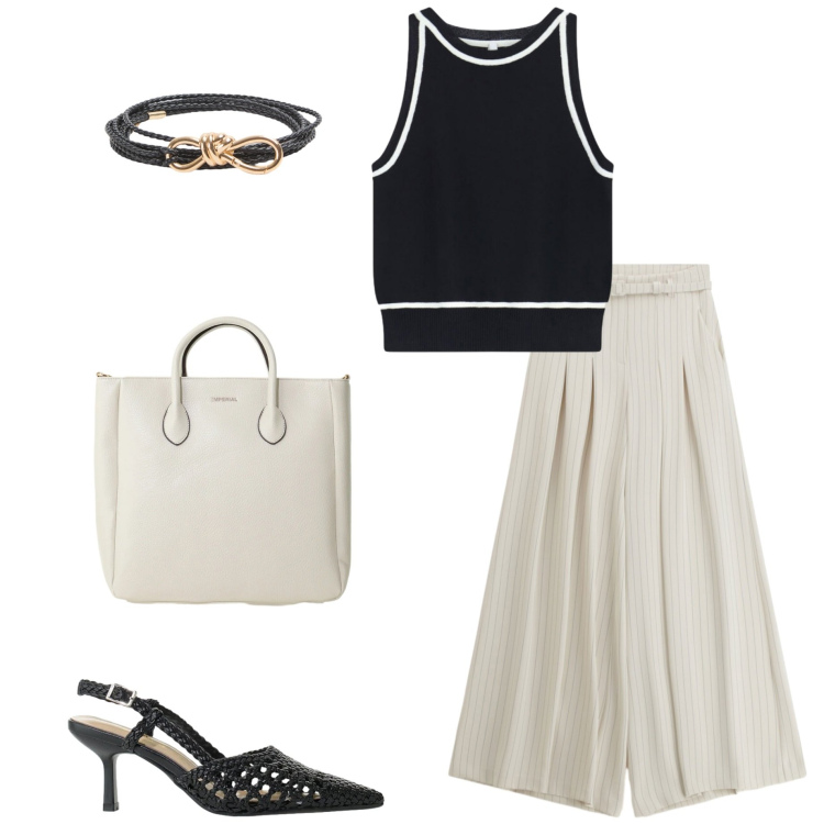 Outfit donna - In ufficio. Stile Casual chic per Ufficio. Abbinamento con cinture, pantaloni a palazzo, décolleté, borse a tracolla, top.