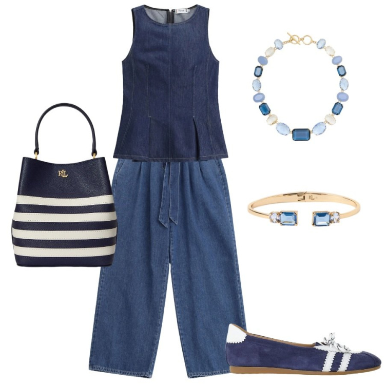 Outfit donna - Tempo libero in BLUE. Stile Casual chic Abbinamento con top, jeans, ballerine, borse a secchiello, collane, braccialetti.