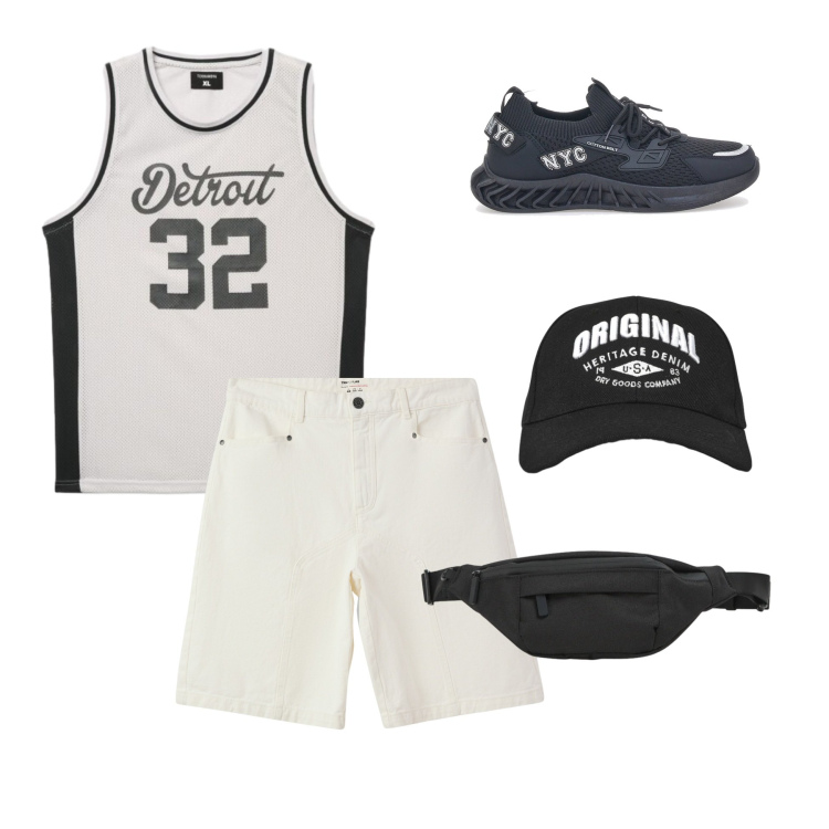 Outfit uomo - Street Basket Black & White. Stile Urban per Sport. Abbinamento con bermuda, cappelli con visiera, borse sportive, canottiere, sneakers.