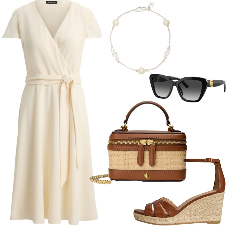 Outfit donna - Estate in città.. Stile Bon Ton per Tutti i giorni. Abbinamento con vestiti chemisier, occhiali da sole, zeppe, borse a tracolla, braccialetti.