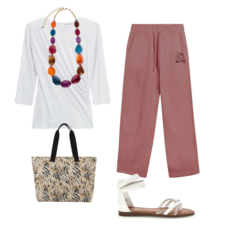 Outfit donna - Boho Chic Rosa Cipria. Stile Boho per Tutti i giorni. Abbinamento con top, pantaloni, shopping bag, collane, sandali.