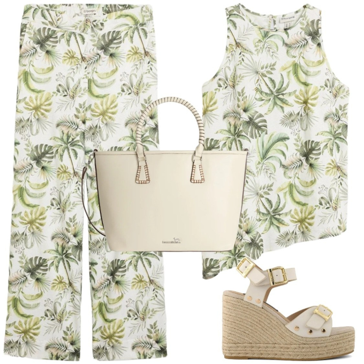 Outfit donna - Completi. Stile Chic per Ufficio. Abbinamento con pantaloni, canottiere, shopping bag, zeppe.