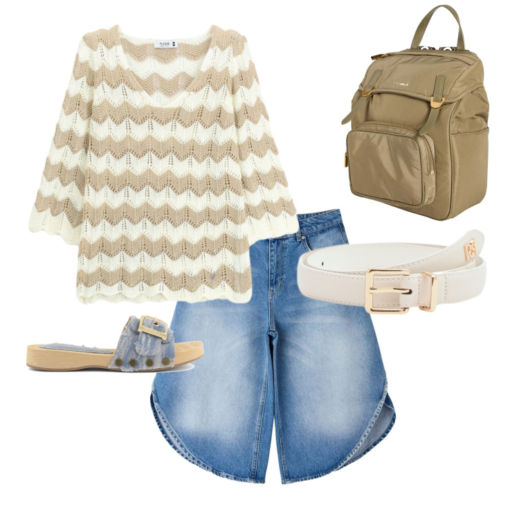 Outfit donna - Pausa caffè. Stile Casual chic per Tutti i giorni. Abbinamento con zaini, pantaloni corti, cinture, maglieria, ciabatte.