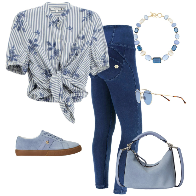 Outfit donna - Denim & Sky Chic. Stile Casual chic per Tutti i giorni. Abbinamento con camicie a manica corta, jeggings, occhiali da sole, sneakers, borse a spalla, collane.