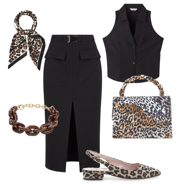 Outfit donna - Le ballerine animalier. Stile Trendy per Tutti i giorni. Abbinamento con braccialetti, gonne longuette, foulard, top, ballerine, pochette.