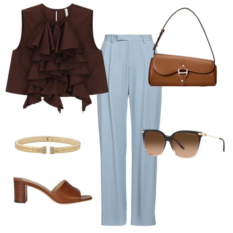 Outfit donna - Soft Contrast Chic. Stile Chic per Cerimonia. Abbinamento con pantaloni, canottiere, occhiali da sole, sandali in pelle, braccialetti, borse a spalla.