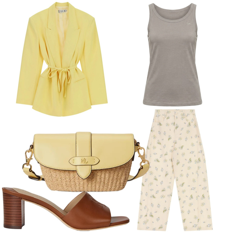 Outfit donna - Il blazer vivace. Stile Casual chic per Tutti i giorni. Abbinamento con pantaloni a palazzo, canottiere, blazer, sandali in pelle, borse a tracolla.