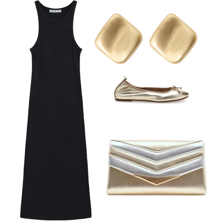 Outfit donna - Ballerine dorate. Stile Chic per Serata fuori. Abbinamento con vestiti lunghi, pochette, orecchini, ballerine.