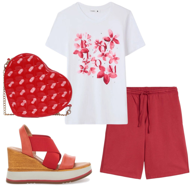 Outfit donna - Total look #2412330. Stile Basic per Mare. Abbinamento con bermuda, t-shirt, borse a tracolla, sandali col tacco.