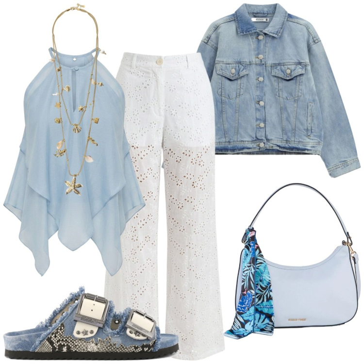 Outfit donna - Summer vibe. Stile Trendy per Tutti i giorni. Abbinamento con borse a mano, canottiere, pantaloni, collane, blazer, sandali.
