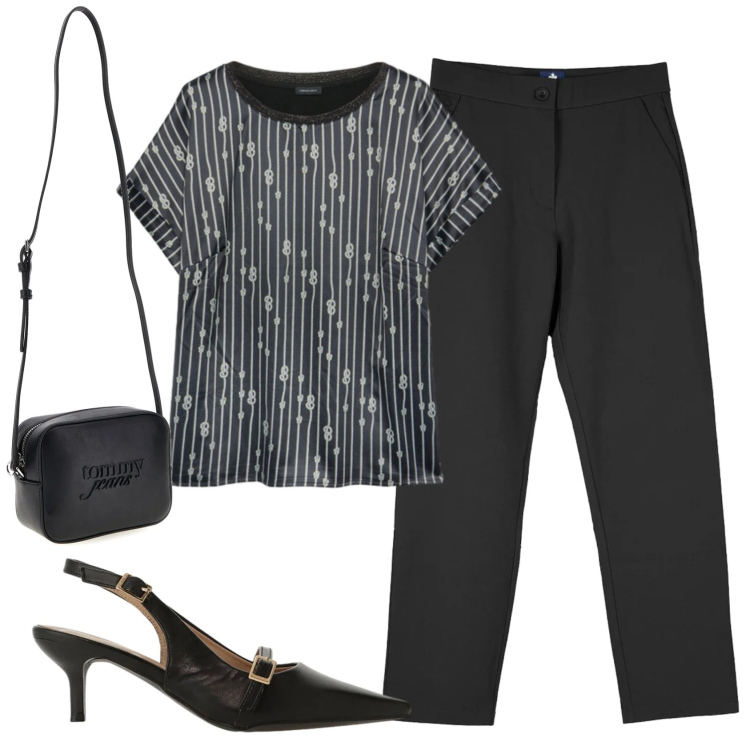 Outfit donna - Total look #2412332. Stile Bon Ton per Ufficio. Abbinamento con sandali col tacco, t-shirt, pantaloni chino, borse a tracolla.