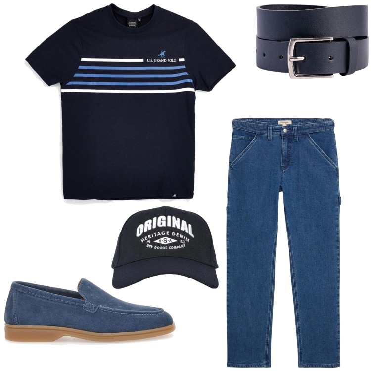 Outfit uomo - Total look #2412333. Stile Urban per Tutti i giorni. Abbinamento con jeans dritti, cappelli con visiera, cinture, scarpe stringate, t-shirt.