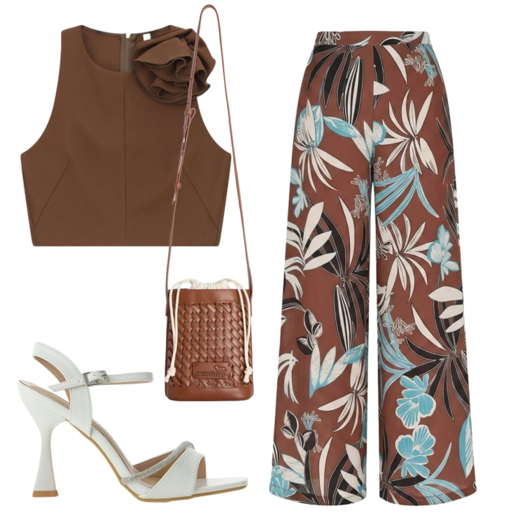 Outfit donna - Total look #2412336. Stile Trendy per Serata fuori. Abbinamento con pantaloni a palazzo, top, sandali gioiello, borse a secchiello.