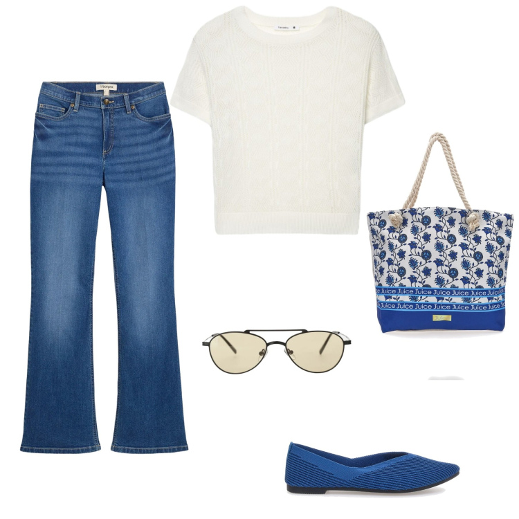 Outfit donna - Ballerine blu. Stile Casual per Tutti i giorni. Abbinamento con jeans bootcut, t-shirt, occhiali da sole, shopping bag, ballerine.