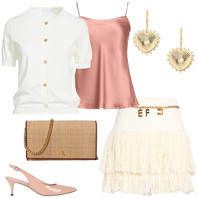 Outfit donna - Imprevisti. Stile Glamour per Serata fuori. Abbinamento con cardigans, décolleté, top, minigonne, orecchini, borse a tracolla.