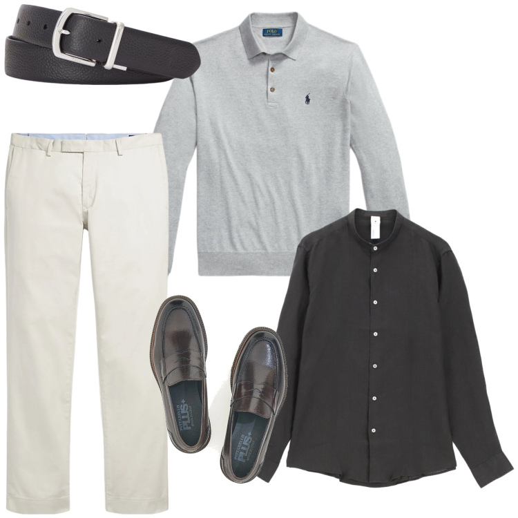 Outfit uomo - Total look #2412341. Stile Casual per Ufficio. Abbinamento con camicie, pantaloni chino, cinture, maglieria, scarpe stringate.
