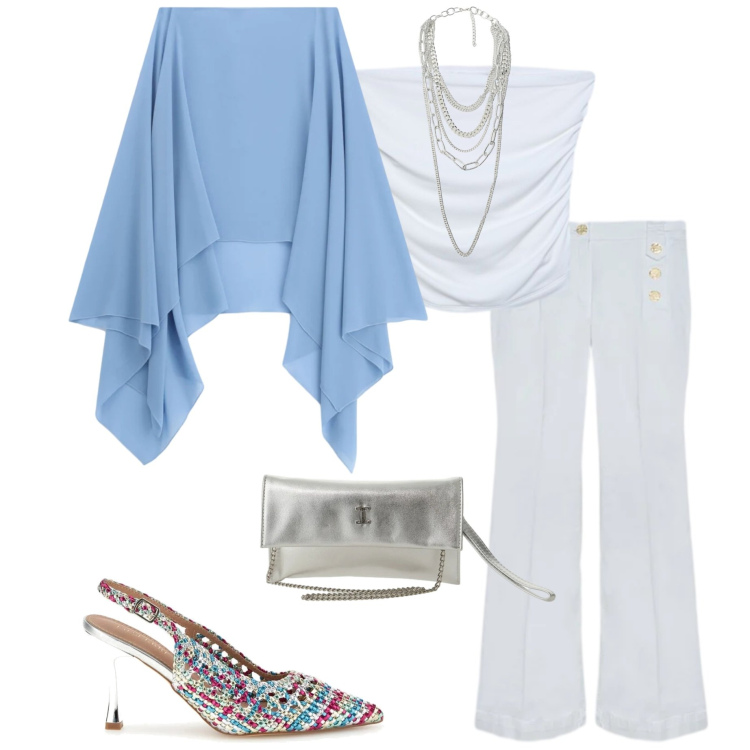 Outfit donna - Serata estiva. Stile Chic per Serata fuori. Abbinamento con top, cappe, borse a tracolla, collane, jeans, décolleté.