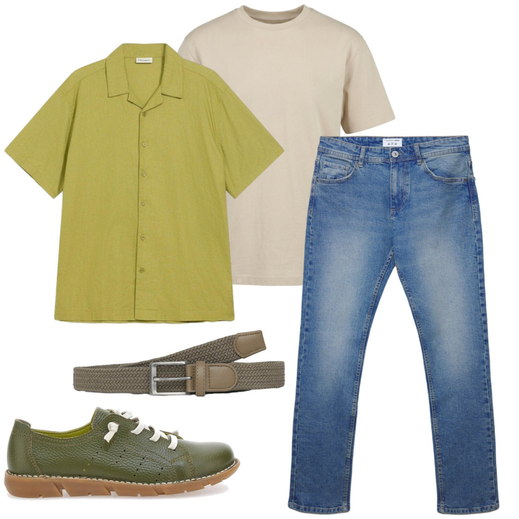Outfit uomo - Total look #2412343. Stile Trendy per Tutti i giorni. Abbinamento con camicie a manica corta, cinture, jeans dritti, t-shirt, sneakers.