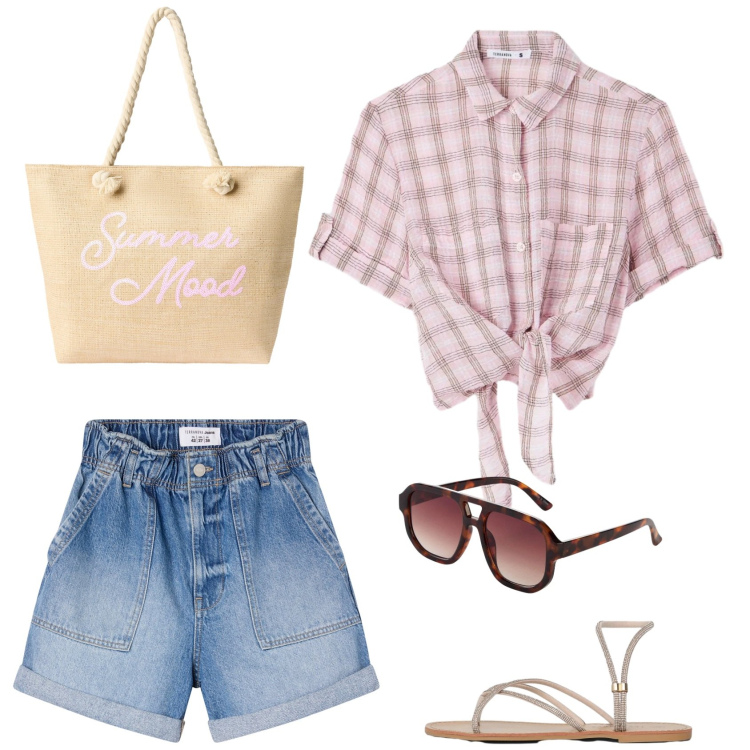 Outfit donna - Summer mood. Stile Basic per Mare. Abbinamento con occhiali da sole, shorts, camicie a manica corta, borse tote, sandali.