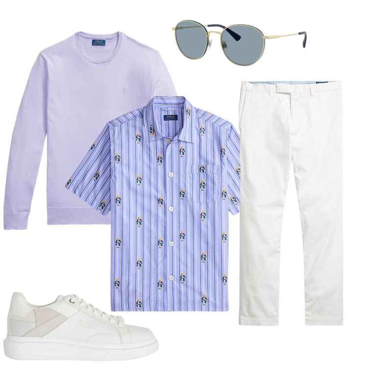 Outfit uomo - Total look #2412345. Stile Trendy per Tutti i giorni. Abbinamento con sneakers, pantaloni chino, camicie a manica corta, maglieria, occhiali da sole.