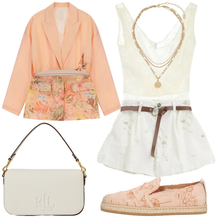 Outfit donna - Blazer fiorato. Stile Casual chic per Tutti i giorni. Abbinamento con espadrillas, top, blazer, shorts, ciondoli, borse a spalla.