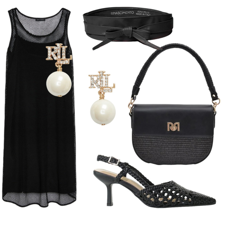 Outfit donna - Trasparenze notturne. Stile Chic per Serata fuori. Abbinamento con cinture, borse a spalla, décolleté, vestiti corti, orecchini.