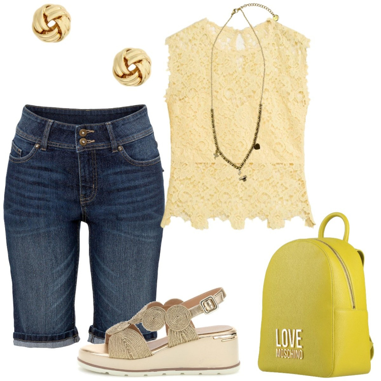 Outfit donna - Giallo lime. Stile Casual chic per Tutti i giorni. Abbinamento con zaini, bermuda, canottiere, ciondoli, orecchini, sandali col tacco.
