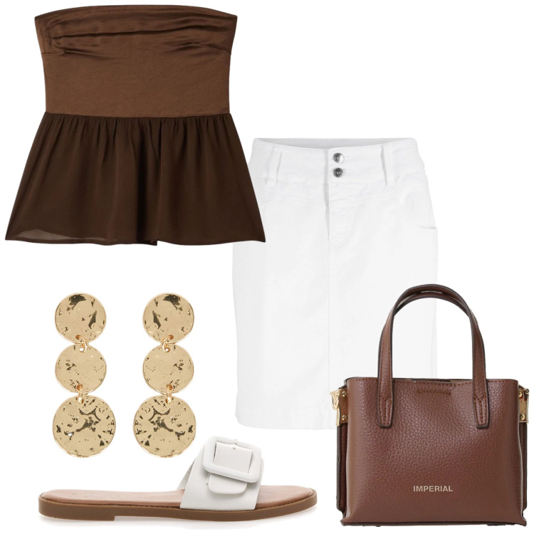 Outfit donna - Total look #2412351. Stile Bon Ton per Serata fuori. Abbinamento con minigonne, top, borse a tracolla, orecchini, ciabatte.