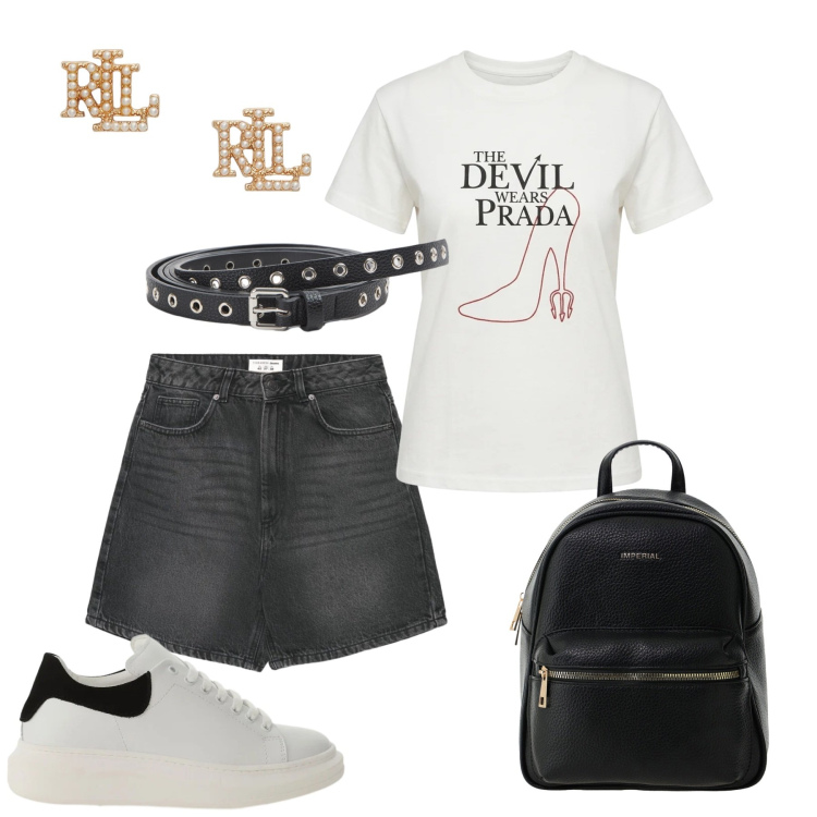 Outfit donna - Total look #2412352. Stile Basic per Tutti i giorni. look ideale per Petite. Abbinamento con shorts, cinture, t-shirt, sneakers, zaini, orecchini.