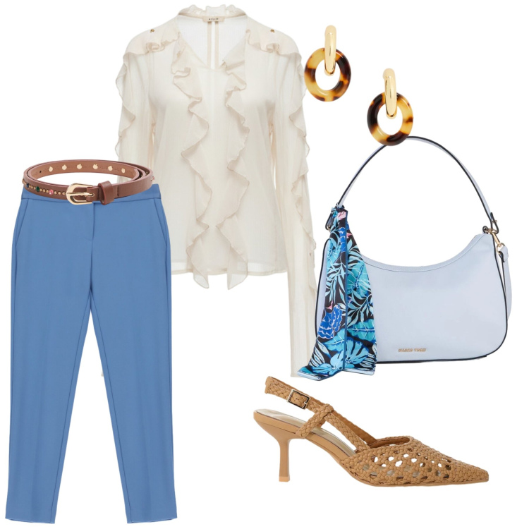 Outfit donna - In ufficio. Stile Casual chic per Tutti i giorni. Abbinamento con borse a mano, cinture, décolleté, pantaloni, bluse, orecchini.