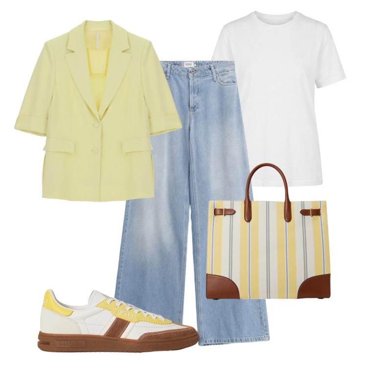Outfit donna - Un blazer luminoso. Stile Trendy per Tutti i giorni. Abbinamento con blazer, t-shirt, jeans, borse tote, sneakers.