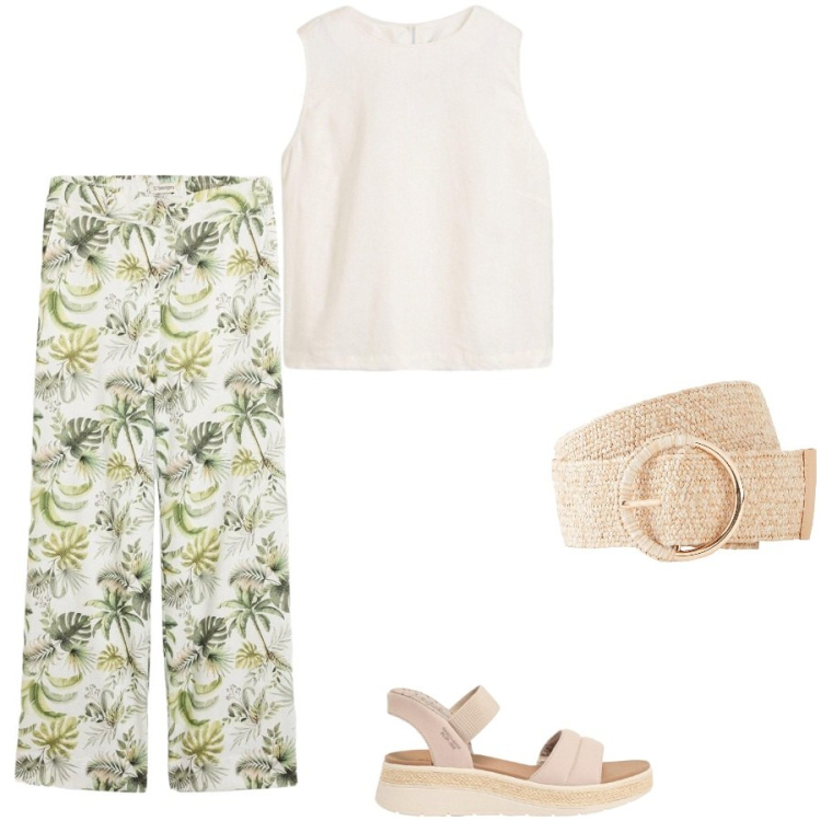 Outfit donna - Pantaloni fantasia. Stile Casual chic per Tutti i giorni. Abbinamento con pantaloni, sandali, canottiere, cinture.