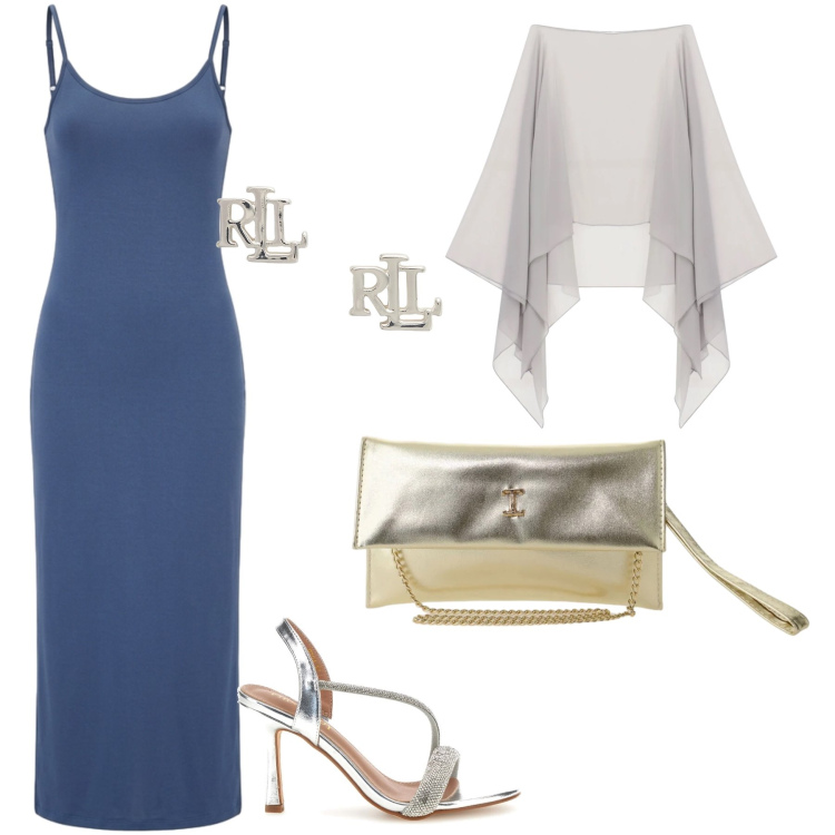 Outfit donna - Blu e grigio chiaro. Stile Chic per Cerimonia. Abbinamento con vestiti lunghi, cappe, borse a tracolla, orecchini, sandali col tacco.