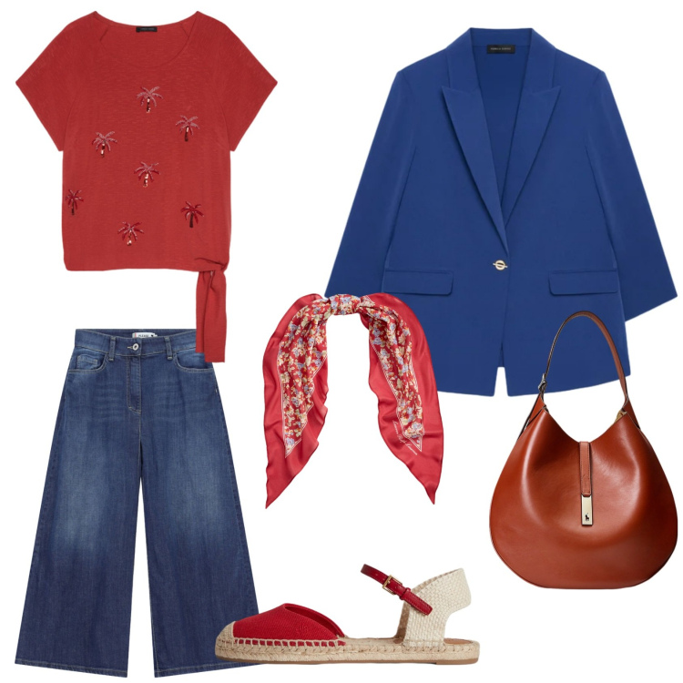 Outfit donna - Rossoblu. per Ufficio. Abbinamento con gonne, top, blazer, espadrillas, borse a spalla, foulard.