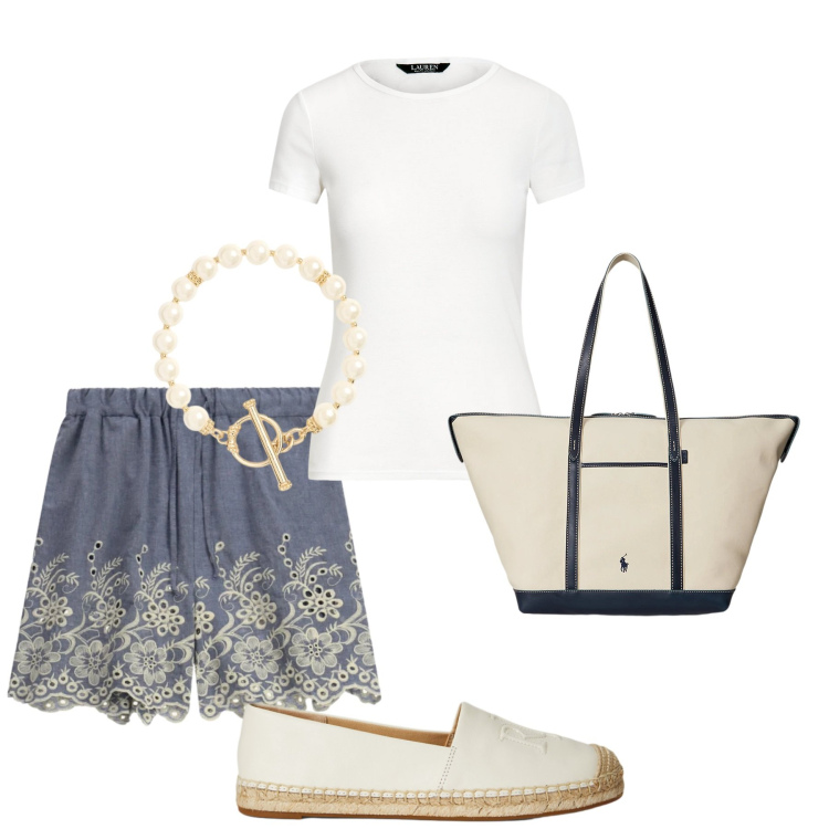 Outfit donna - Total look #2412361. Stile Bon Ton per Mare. Abbinamento con shorts, t-shirt, borse tote, espadrillas, braccialetti.
