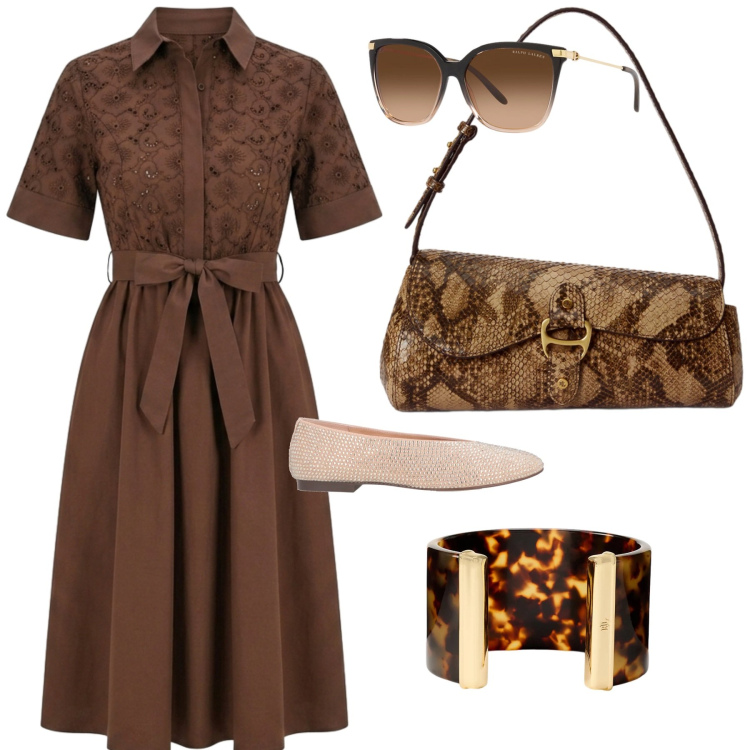 Outfit donna - Chic in estate. Stile Chic per Tutti i giorni. Abbinamento con ballerine, vestiti chemisier, occhiali da sole, borse a tracolla, braccialetti.