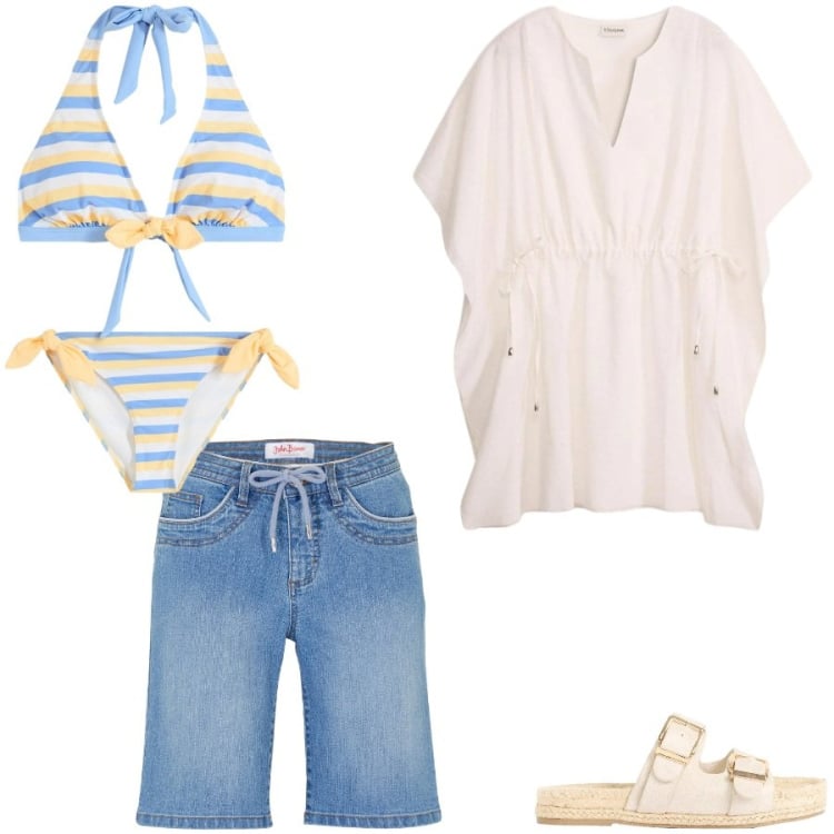 Outfit donna - At the beach. Stile Casual per Mare. Abbinamento con bikini, vestiti da spiaggia, bermuda, ciabatte.