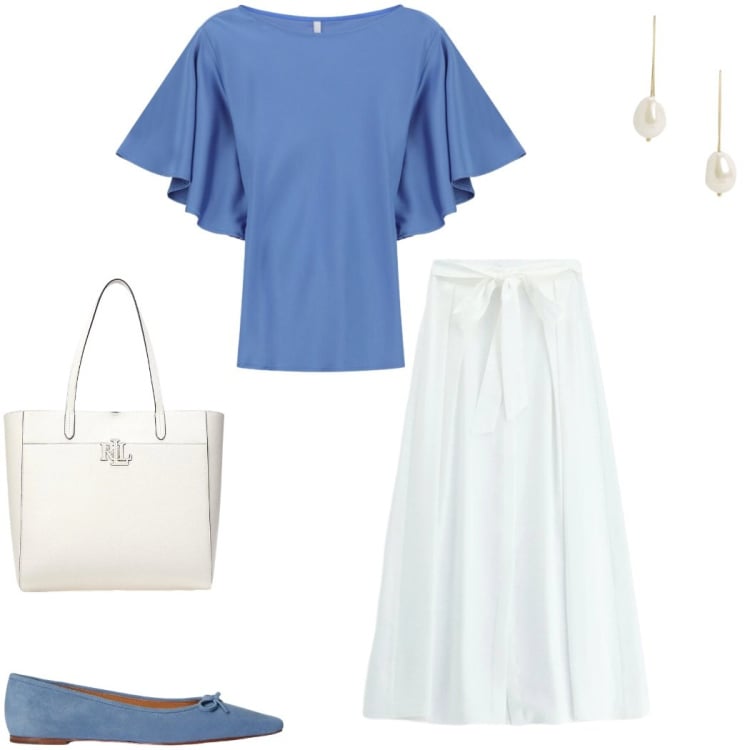 Outfit donna - Giugno con le ballerine. Stile Casual chic per Ufficio. Abbinamento con t-shirt, gonne lunghe, ballerine, orecchini, borse tote.
