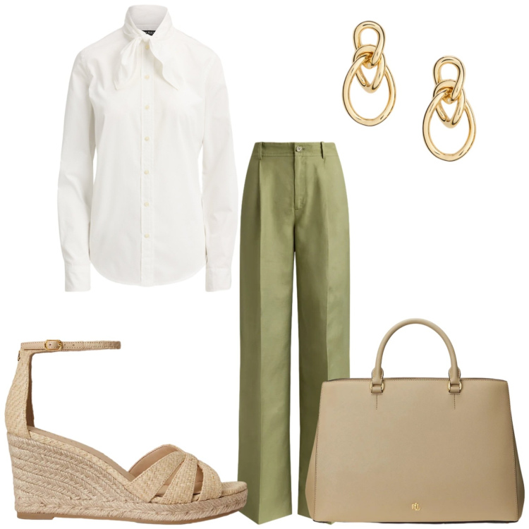 Outfit donna - Total in Lauren. Stile Casual chic per Tutti i giorni. Abbinamento con pantaloni, camicie, orecchini, borse a mano, espadrillas.