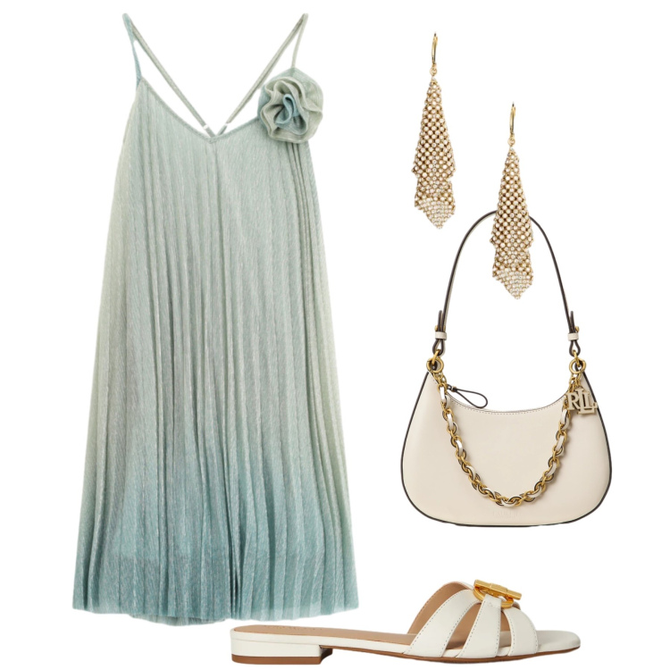 Outfit donna - Freschezza a cena. Stile Chic per Serata fuori. Abbinamento con borse a spalla, ciabatte, orecchini, vestiti corti.