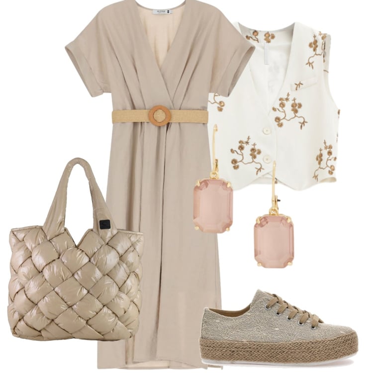 Outfit donna - Total look #2412374. Stile Casual Abbinamento con gilet, vestiti midi/longuette, orecchini, borse tote, espadrillas.