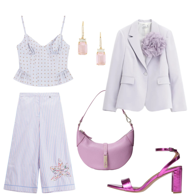 Outfit donna - Cerimonia a settembre. Stile Romantica per Cerimonia. Abbinamento con sandali in pelle, top, blazer, pantaloni a palazzo, orecchini, borse a spalla.