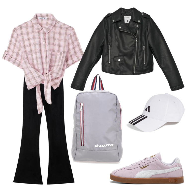 Outfit donna - A scuola. Stile Casual per Scuola/Università. Abbinamento con giacche, camicie a manica corta, leggings, sneakers, cappelli con visiera, zaini.