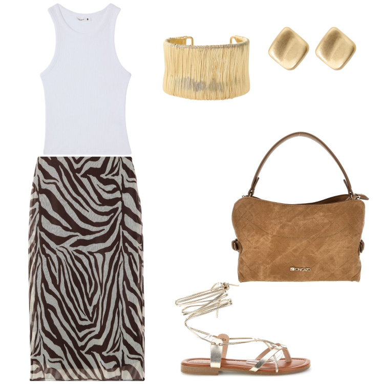 Outfit donna - Summer outfit. Stile Chic per Tutti i giorni. Abbinamento con gonne lunghe, canottiere, orecchini, braccialetti, sandali alla schiava, borse a tracolla.