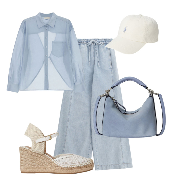 Outfit donna - Fresca e contemporanea. Stile Casual per Tutti i giorni. Abbinamento con espadrillas, borse a spalla, cappelli con visiera, camicie, jeans.