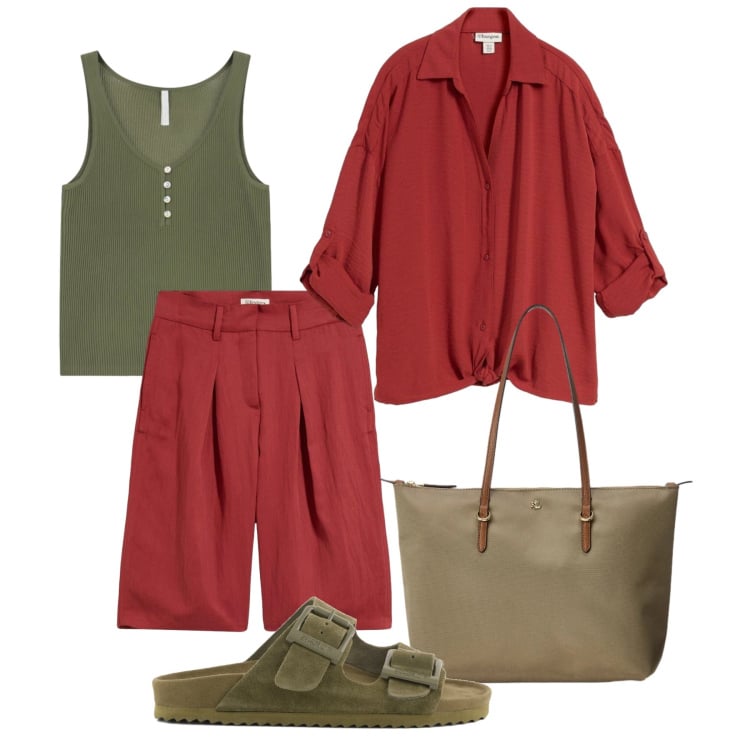 Outfit donna - In città a giugno. Stile Casual per Tutti i giorni. Abbinamento con bluse, bermuda, top, borse tote, sandali in pelle.